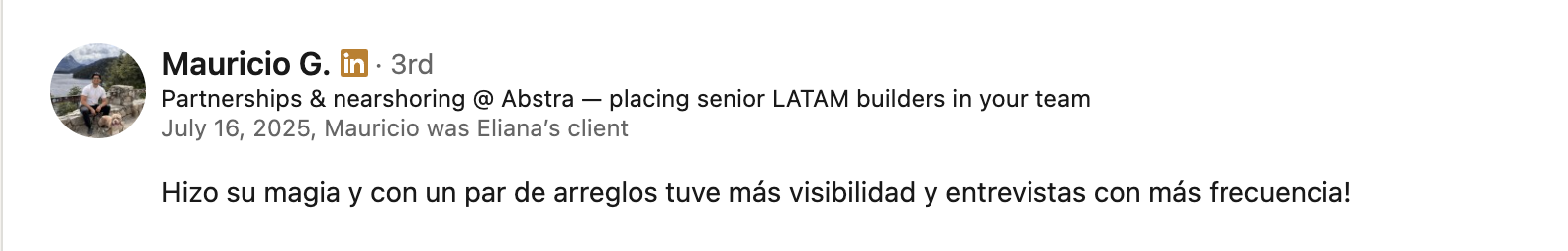 Recomendación de Mauricio G. en LinkedIn