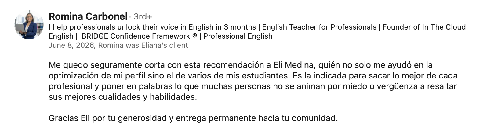 Recomendación de Romina Carbonel en LinkedIn